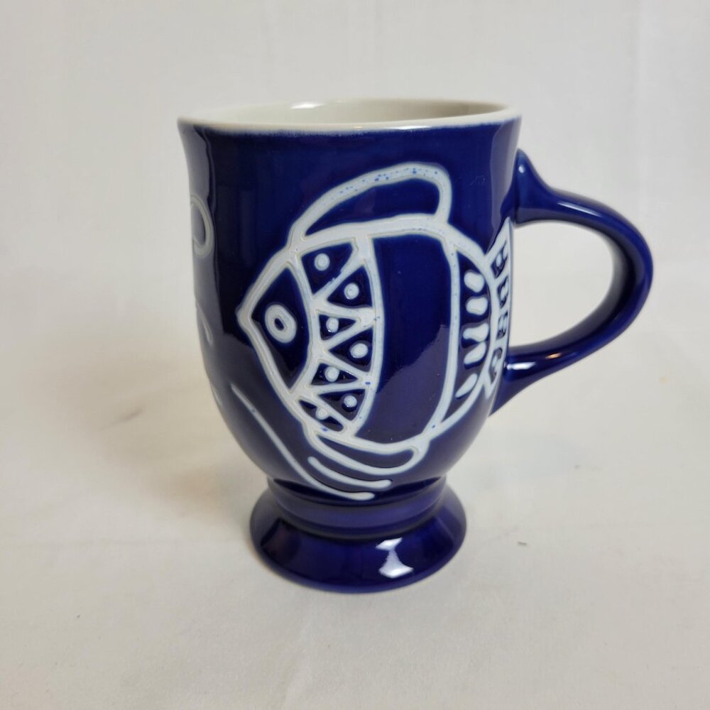Heavy Duty Fish Motif Blue White Coffee Mug Pedestal Base WCL Kitchen Large Sea